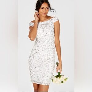 Adrianna Papell Beaded Off the Shoulder Mesh Cocktail Dress Sz 10